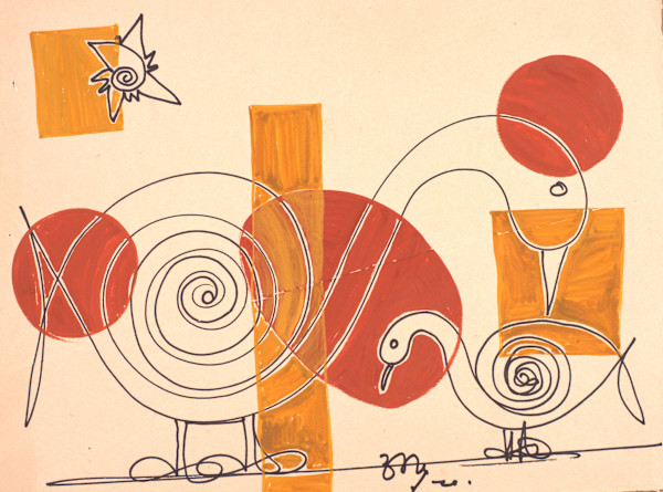 Spiral Birds with Shapes by Aditya Prakash (1924-2008)