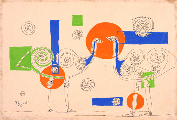 Spiral Birds with Colored Shapes by Aditya Prakash (1924-2008)