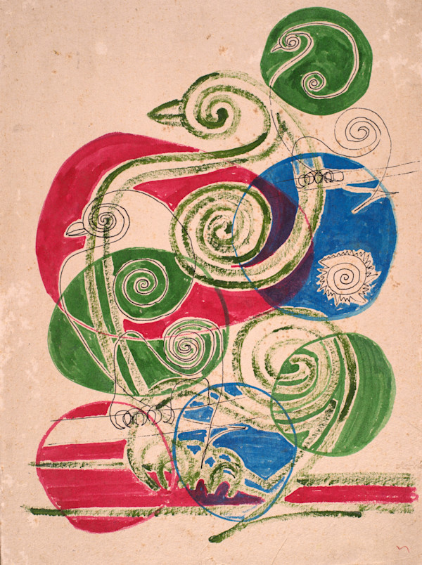 Light Green Spiral Bird with Muti-Color Shapes by Aditya Prakash (1924-2008)