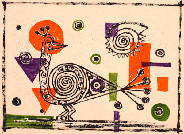 Spiral Peacock with Abstract Shapes by Aditya Prakash (1924-2008)