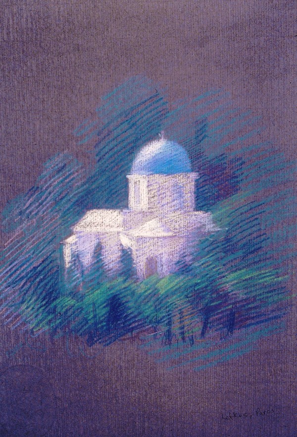 Church, Paros, 1988, pastel, 19x25". by Michael Newberry
