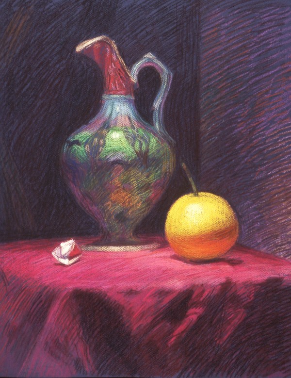 Turkish Wine Pitcher and Orange, 1988, pastel, 19x25". by Michael Newberry