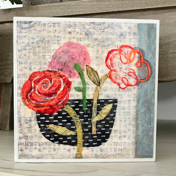 Blooms In Bowl_Art Block 5x5x1.5/8" by Carolyn Holman, Image 1.