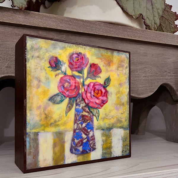 Roses on Stripes_Art Block 5x5x1.5/8" by Carolyn Holman, Image 1.