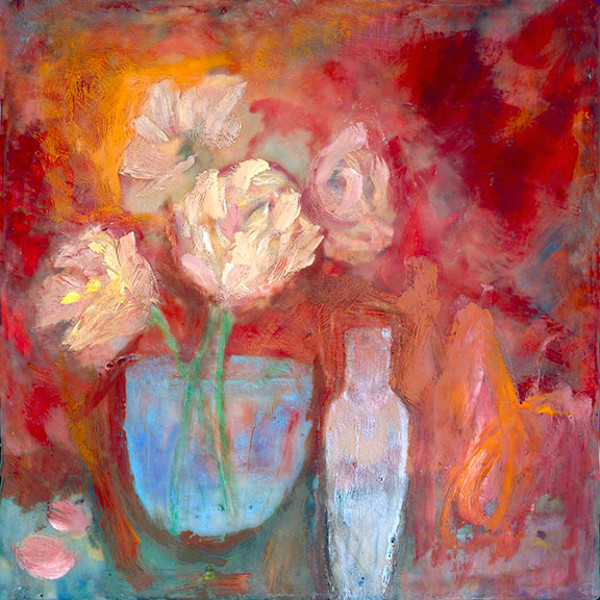 Blue Vase on Red_Gicleé Print 12x12" by Carolyn Holman, Image 1.