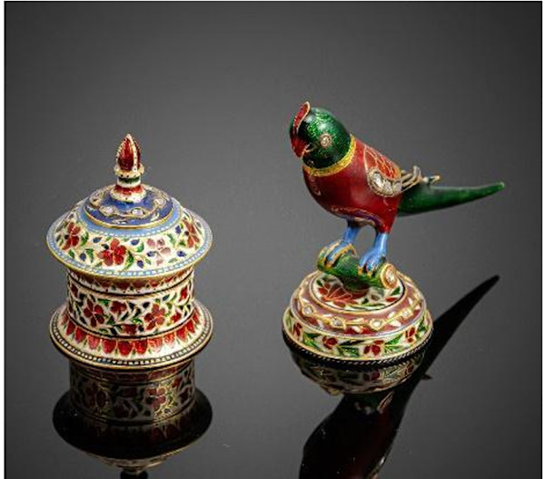 Gem-set enamelled gold parrot and a box