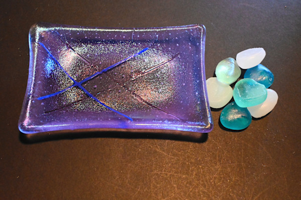 Purple irid with stringer soap dish by Susan Mason