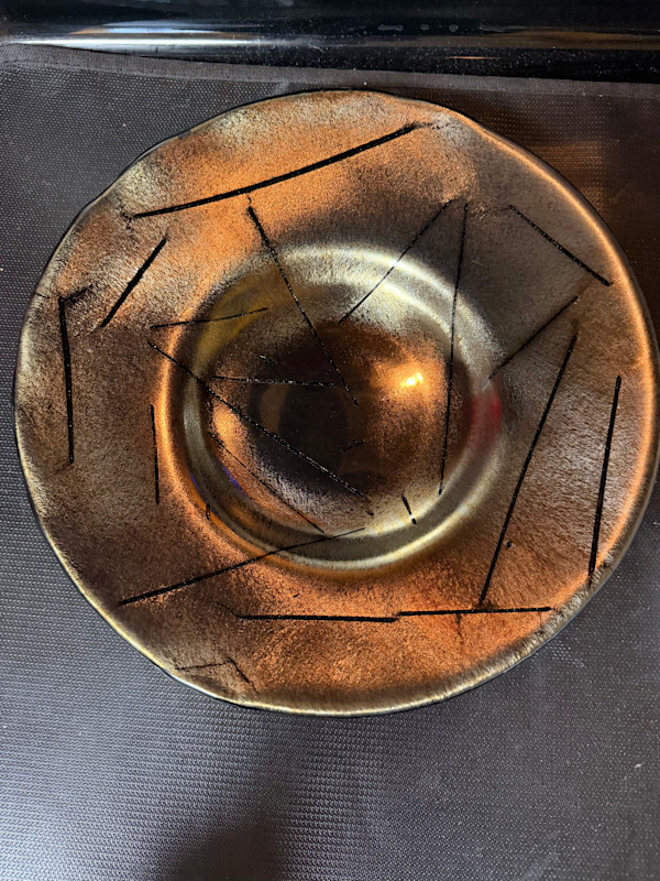 Black rainbow iridized chopstick fused glass bowl by Susan Mason