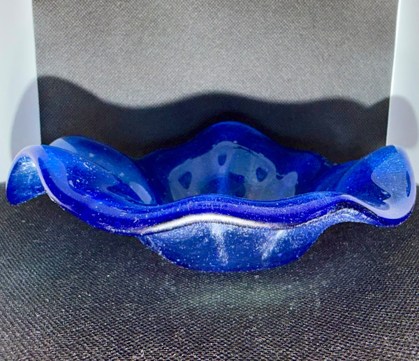 Fused glass small blue iridized bowl by Susan Mason