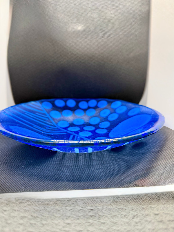 Fused glass blue bowl--lines and dots by Susan Mason