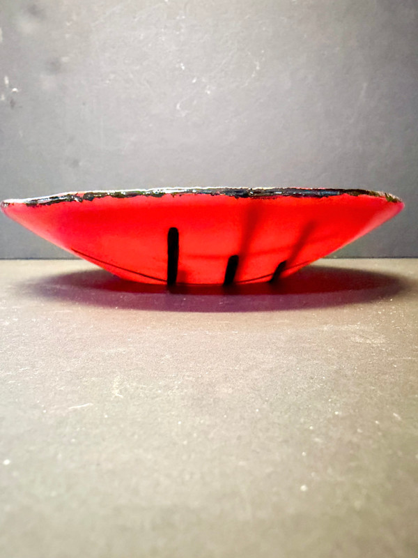 Fused glass small red bowl with black lines by Susan Mason