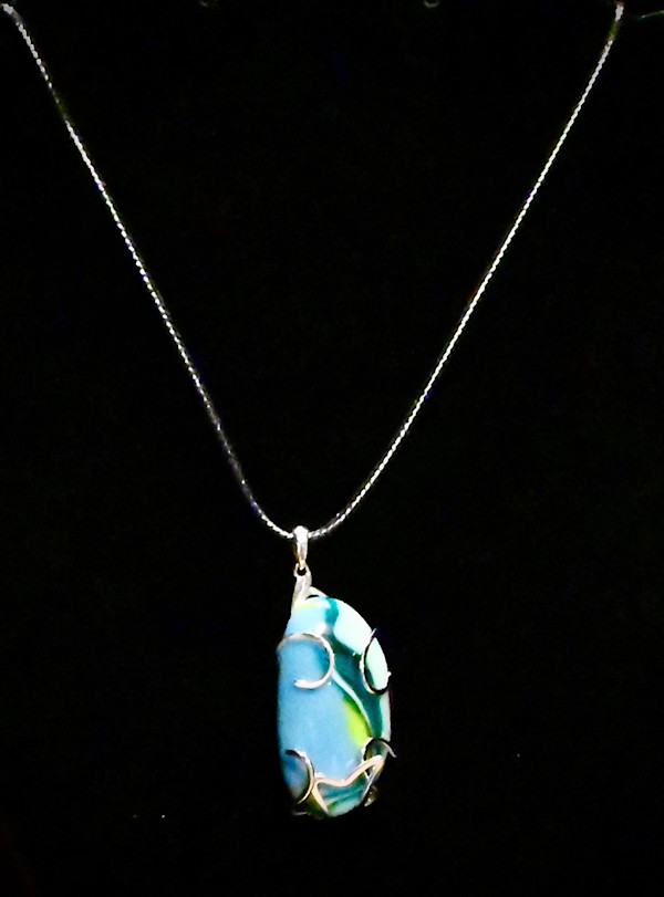 Blue taffy candy colored fused glassnecklace by Susan Mason