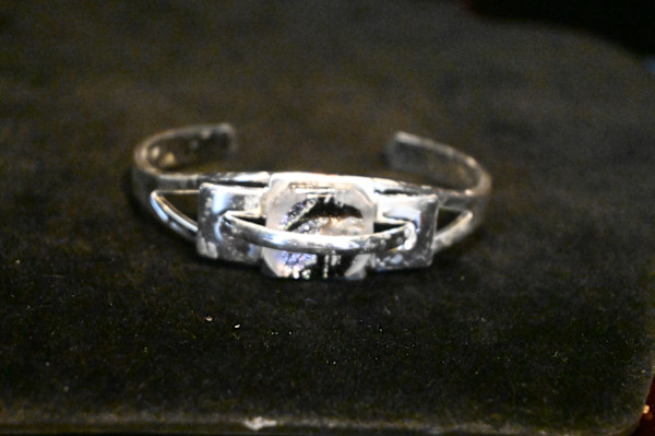 Black and white/silver dichroic post earrings and cuff bracelet by Susan Mason