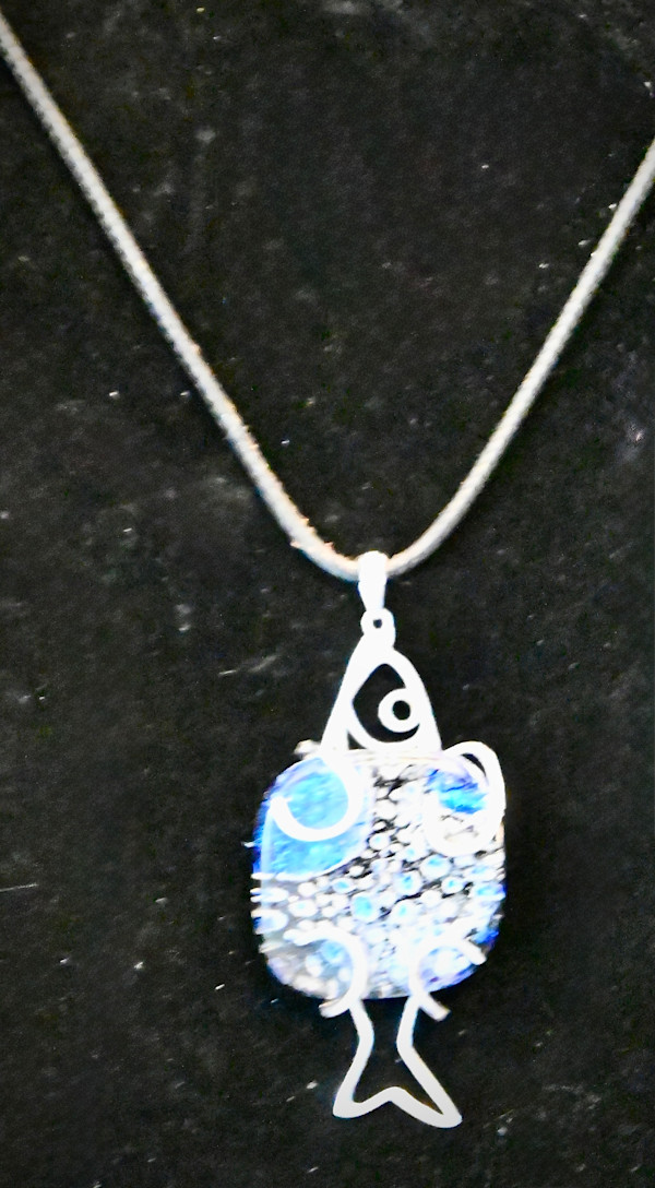 Blue water drop dichroic fish necklace by Susan Mason