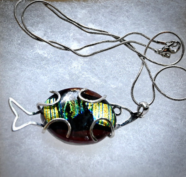 Dichroic black and gold fish pendant by Susan Mason