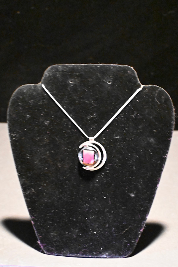 Fused glass magenta on black Crescent necklas by Susan Mason