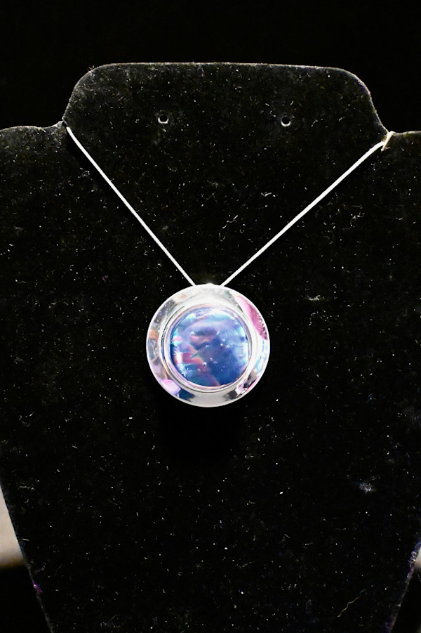 Fused glass blue pink watercolor dichroic pendant by Susan Mason