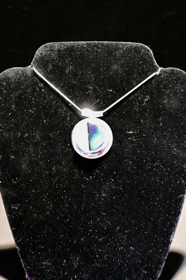Fused dichroic glass 1/2 and 1/2 pendant by Susan Mason
