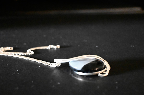 Fused dichroic glass sterling silver 3-wave cage setting pendant by Susan Mason