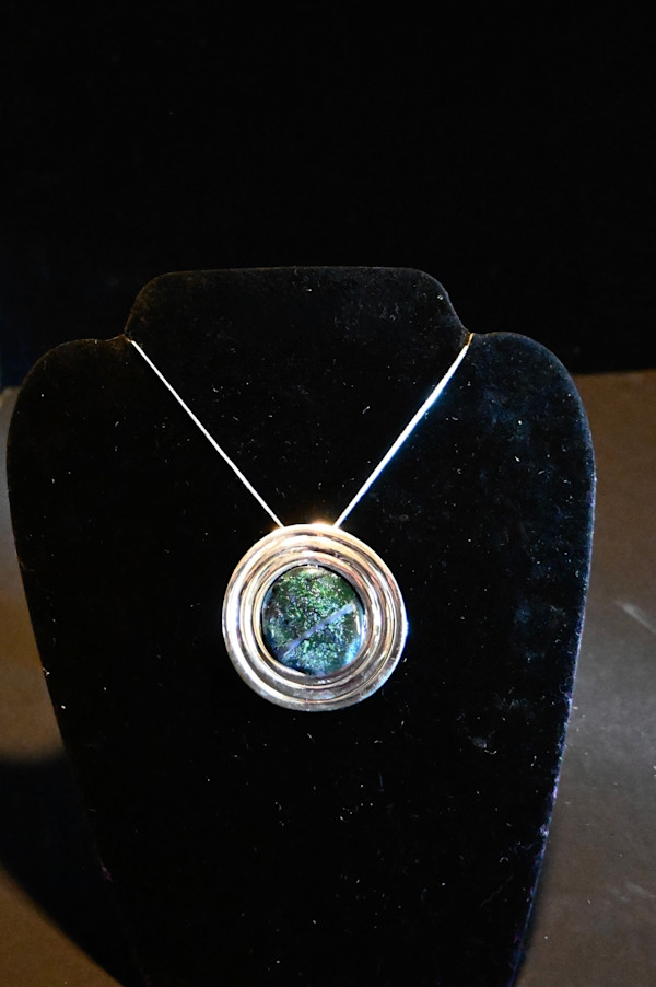 Fused green sparkle dichroic glass pendant by Susan Mason