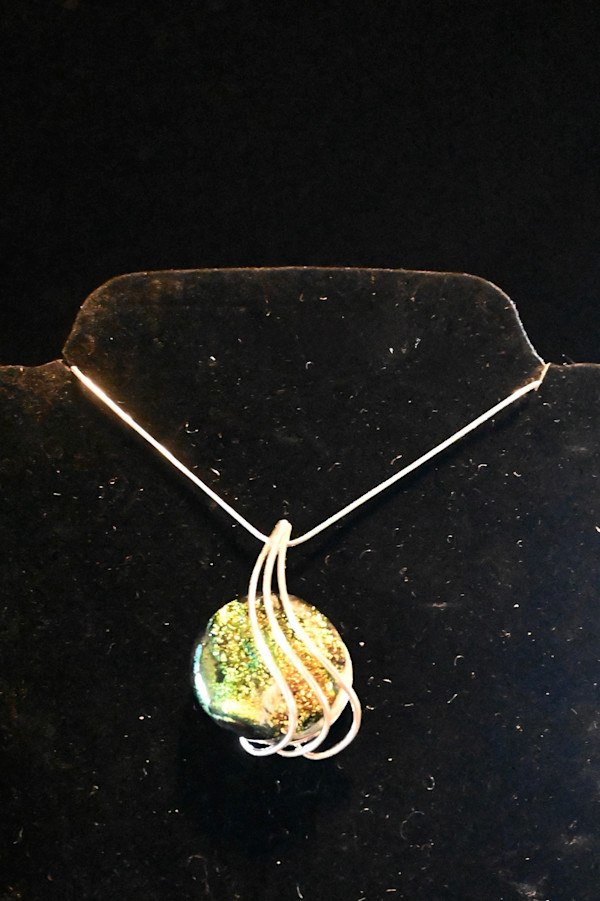 Fused glass green gold dichroic pendant by Susan Mason