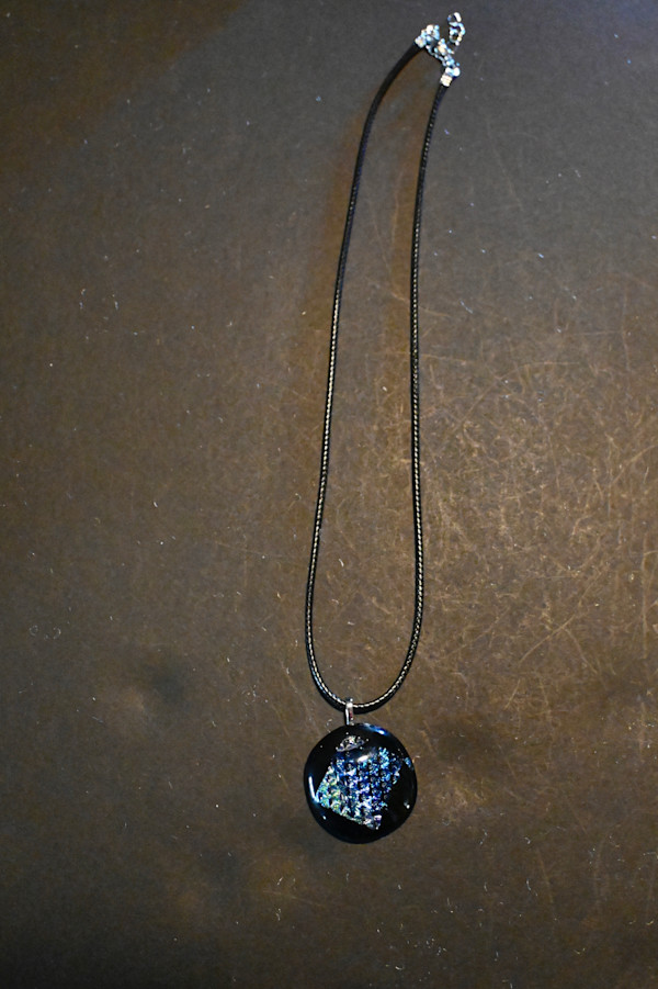 Fused glass dichroic blue texture pendant on rope by Susan Mason