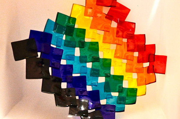 Fused glass rainbow fused glass shallow plate by Susan Mason