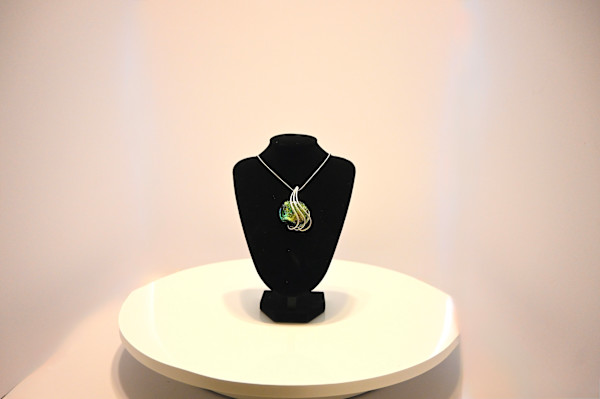 Fused Glass Cosmic Green and Gold Radiant Dichroic Glass Pendant Necklace by Susan Mason, Image 1.