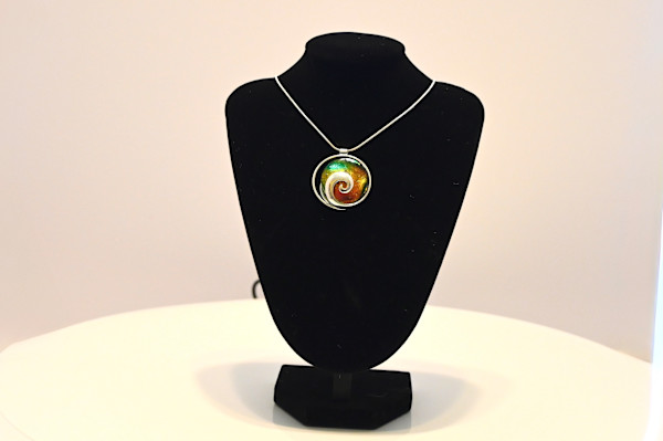 Fused Glass Other-earthly Multicolor Spiral Pendant Necklace by Susan Mason, Image 1.