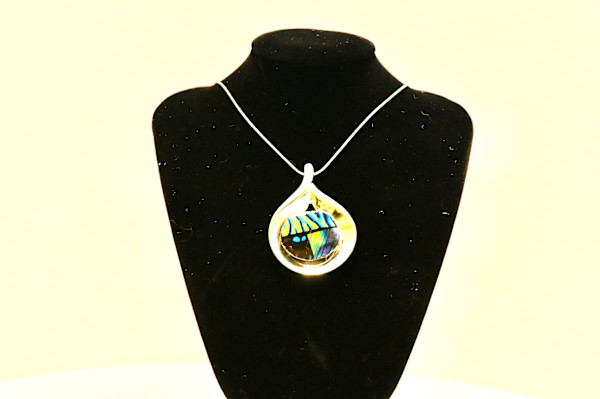 Fused Dichroic Glass Abalone Shell Look-a-Like Teardrop Necklace by Susan Mason, Image 1.