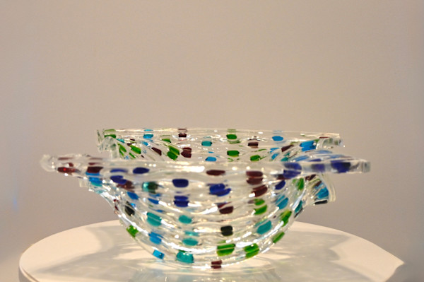 Handmade Fused Glass Netted Multicolor Bowl by Susan Mason, Image 1.