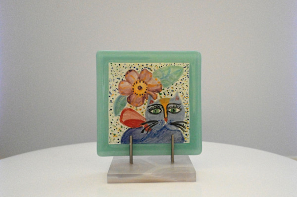 Fused Glass Whimsical Cat and Flower tile by Susan Mason, Image 1.