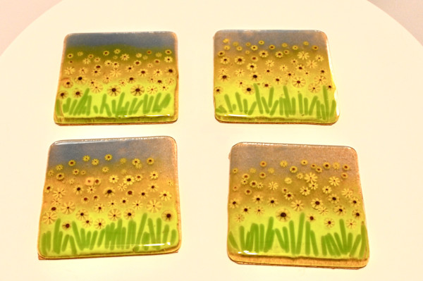 Fused Glass Sunflower Meadow Coaster Set by Susan Mason, Image 1.