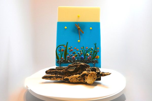 Fused Glass Handcrafted Ocean Bliss Art Display Clock by Susan Mason, Image 1.