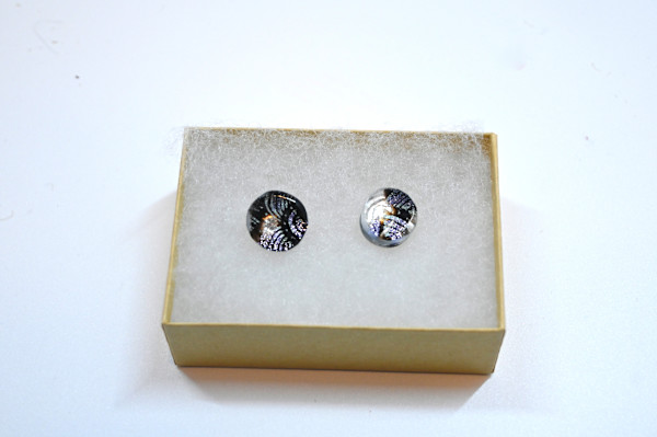 Fused Glass Elegant Black & Silver post earrings by Susan Mason, Image 1.