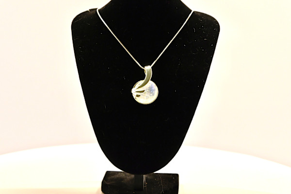 Fused Glass Handcrafted Silver Swirl Pendant Necklace by Susan Mason, Image 1.