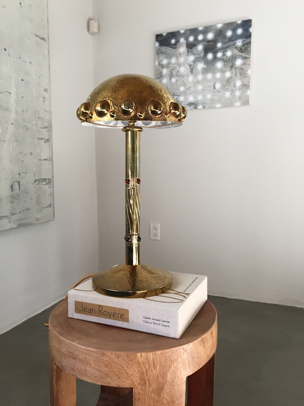 Austrian Secessionist Hand-Hammered Brass and Cabochon-Set Table Lamp, Image 1.