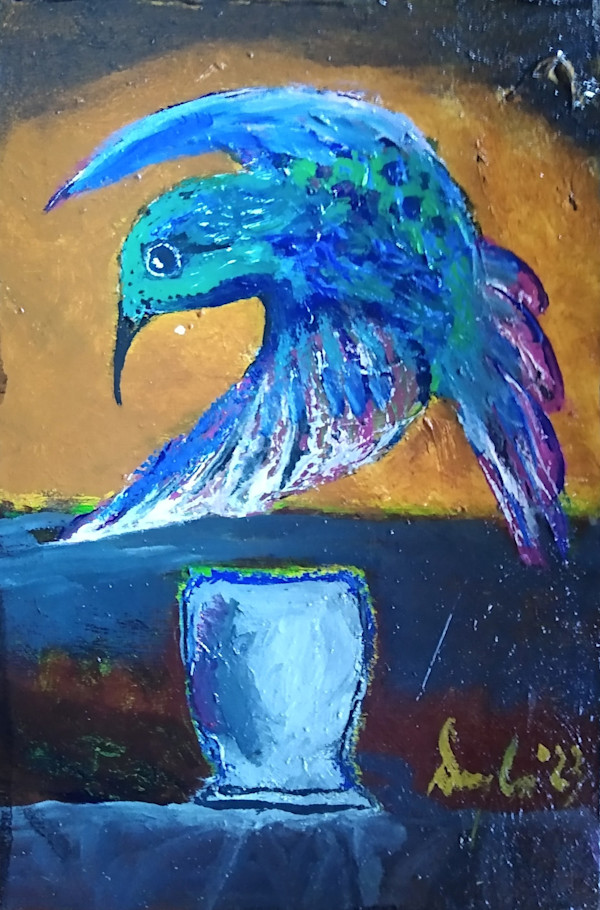 Hummingbird Hovers Over Small Cup by Douglas Black