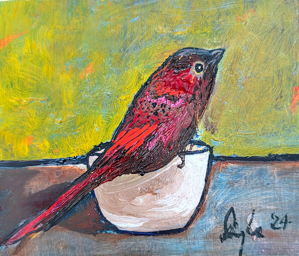 Scarlett Tanager Sits On White Teacup by Douglas Black