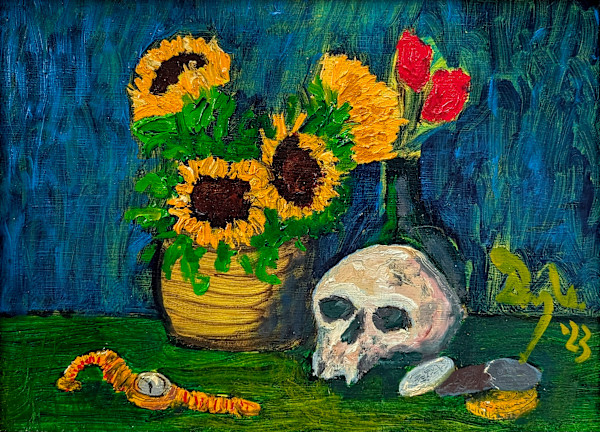 Skull With Sunflowers (Two Sided Painting) by Douglas Black
