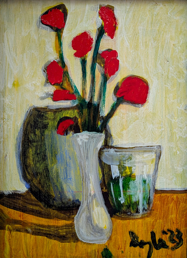 Red Poppies In Vase (2-sided painting) by Douglas Black