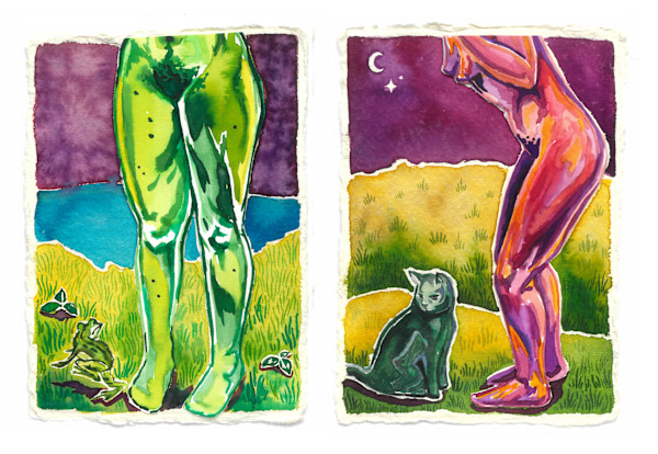 Froggy Darling, Don’t go (left) And  Here Kitty, Kitty (right) by Emma Santos