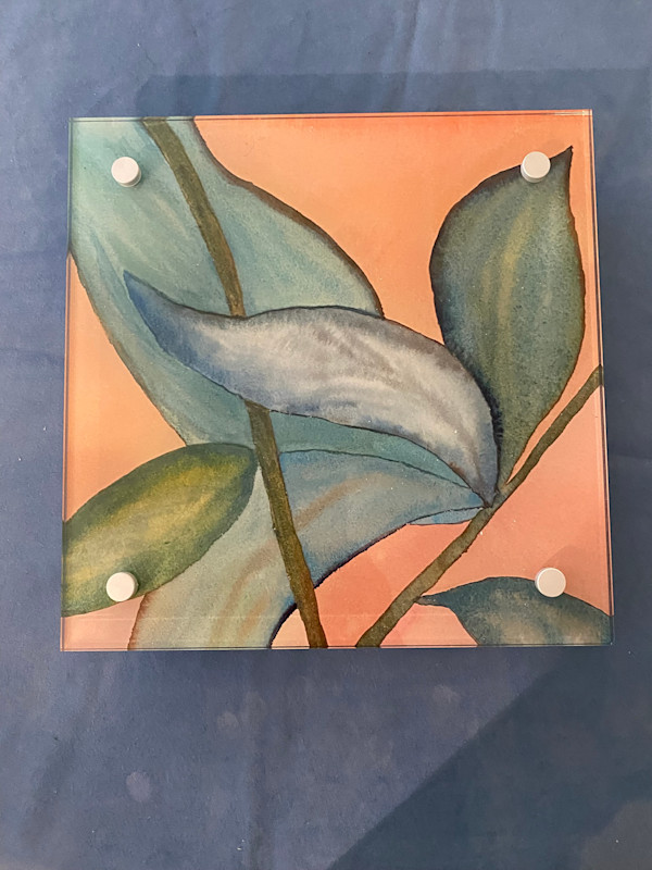 Acrylic Plate with Watercolor Leaves 10 x 10 by Marie Louise Bosin, MA