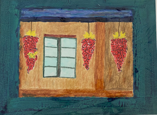 Ristras on an outside wall by Marie Louise Bosin, MA