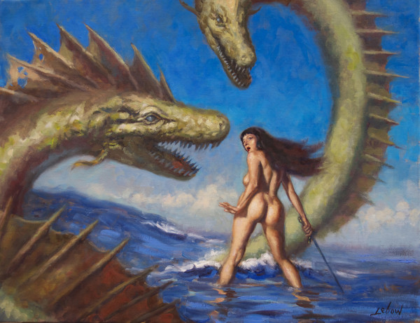 Woman Battles Sea Serpents by Dave Lebow