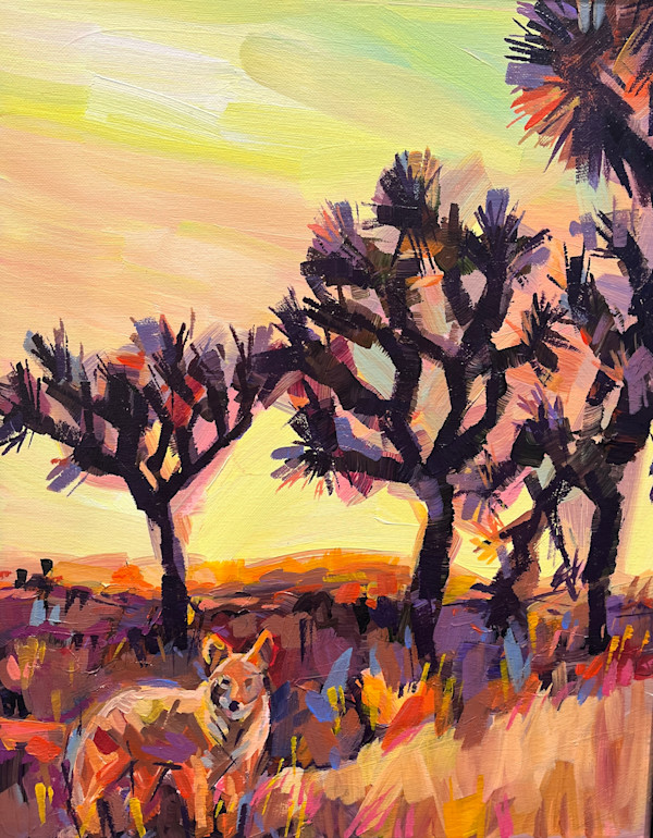 Coyote Pausing in Joshua Trees at Dusk by Laura Green