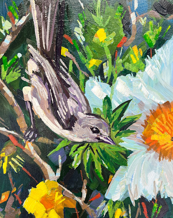 Vireo with Matilija Poppies by Laura Green
