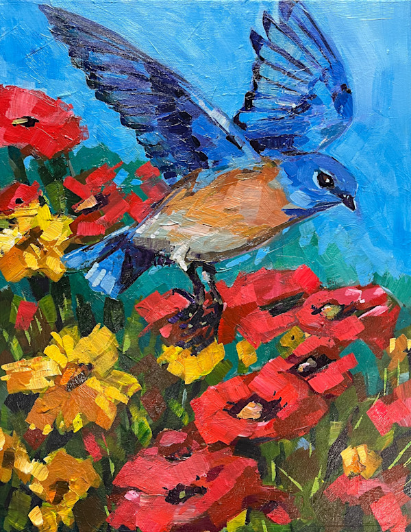 Western Bluebird with Poppies by Laura Green