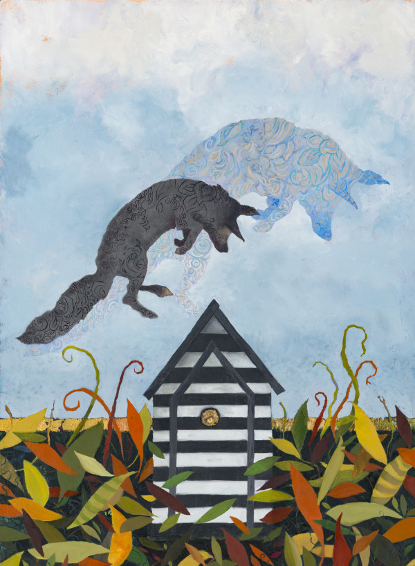 Grey Fox Jumps a Spirit House by Susan  Schiesser