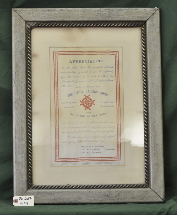 Certificate of Appreciation from The Utica Citizens' Corps to the Old Guard of New York